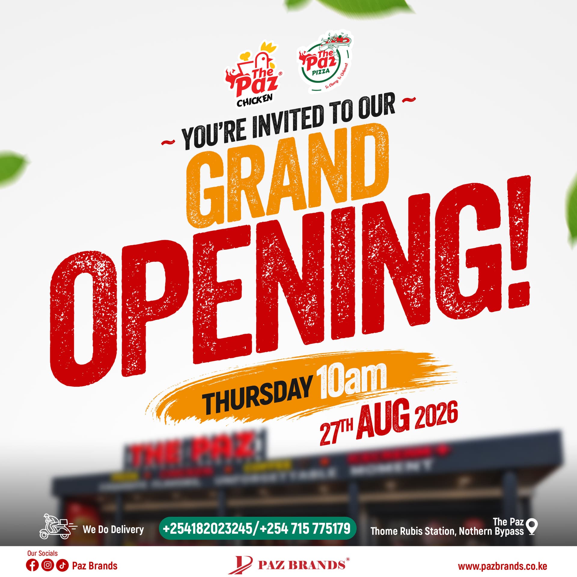 Grand opening announcement for The Paz Chicken and Pizza at Thome Rubis Station, Thursday 27 August 2026 at 10am, set over a photo of the storefront.