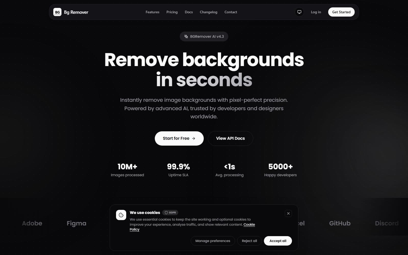 BGRemover.dev landing page — “Remove backgrounds in seconds”