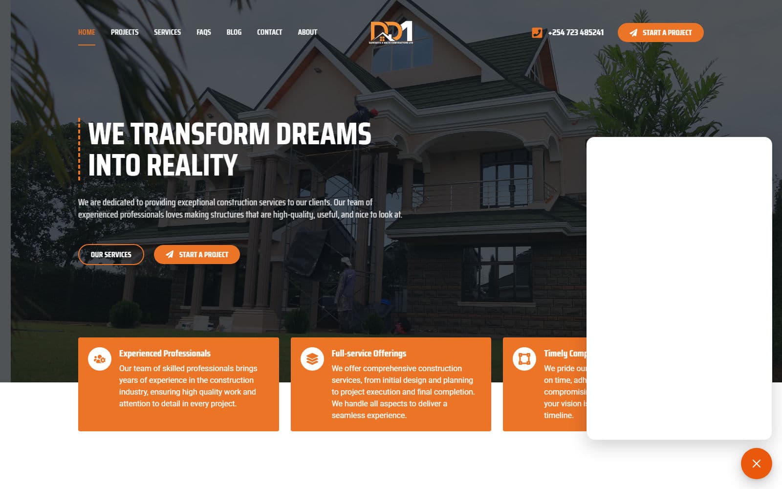 DamDavis & Maxx Contractors website hero — “We transform dreams into reality” set over a photograph of a finished home, with service cards below.