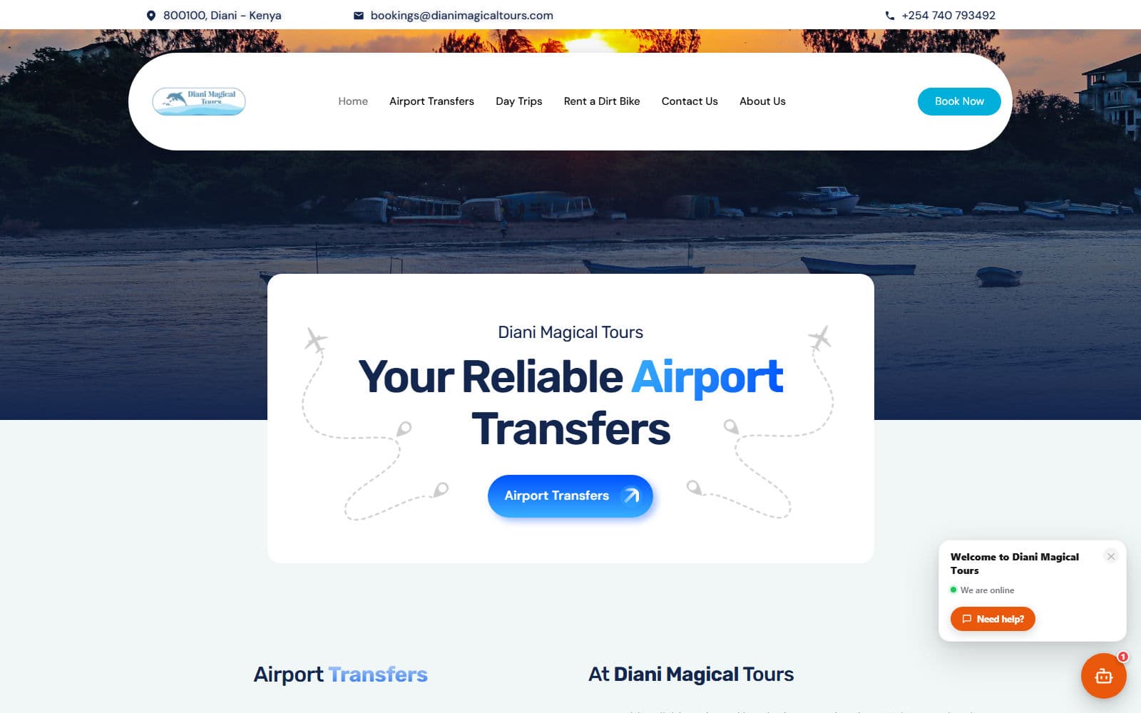 Diani Magical Tours landing page — “Your Reliable Airport Transfers”