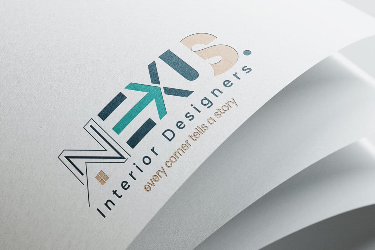 Nexus Interior Designers logo printed on paper — the wordmark in navy, teal and sand with a window motif, above the line “every corner tells a story”.