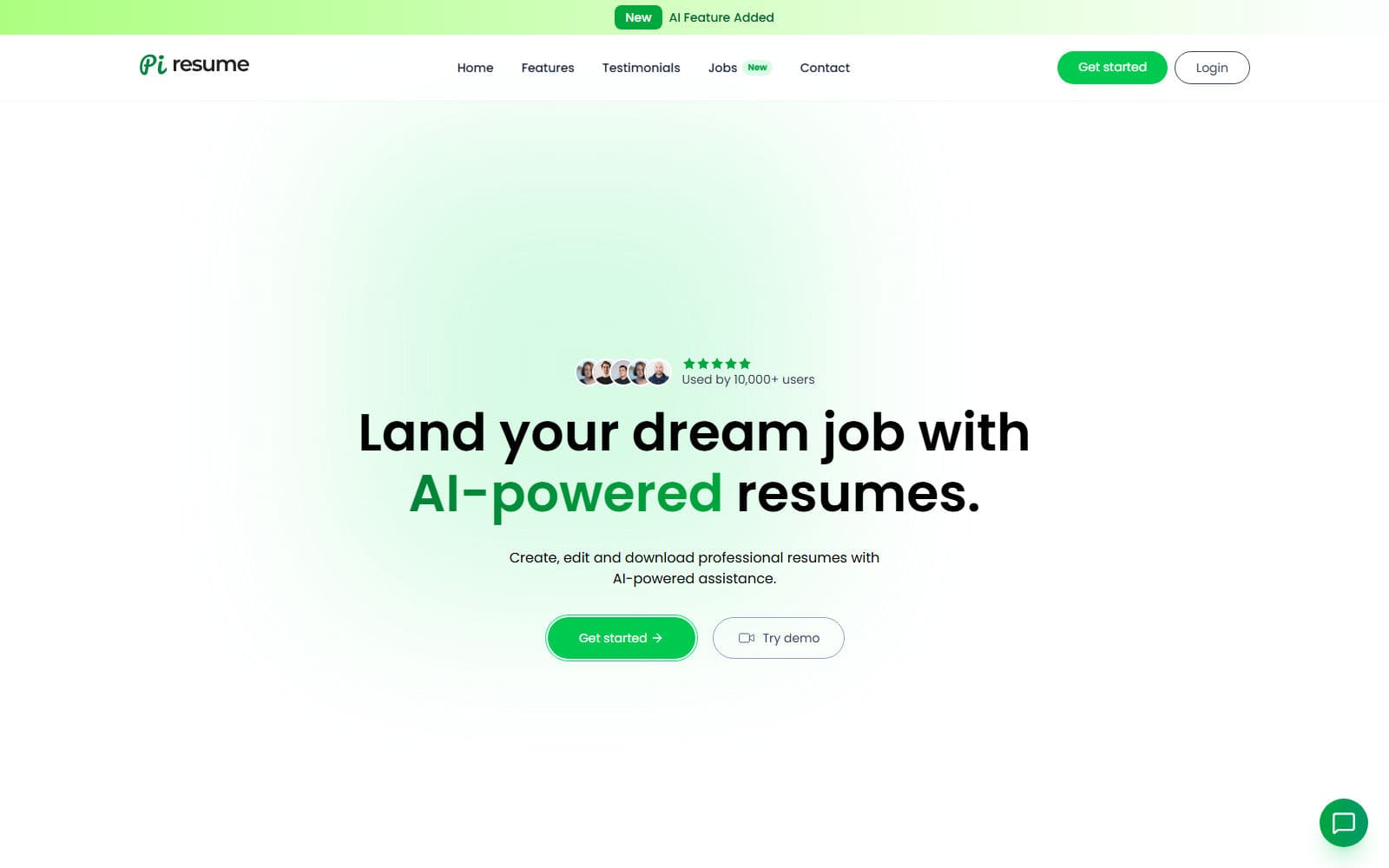 Pi Resume landing page — “Land your dream job with AI-powered resumes”