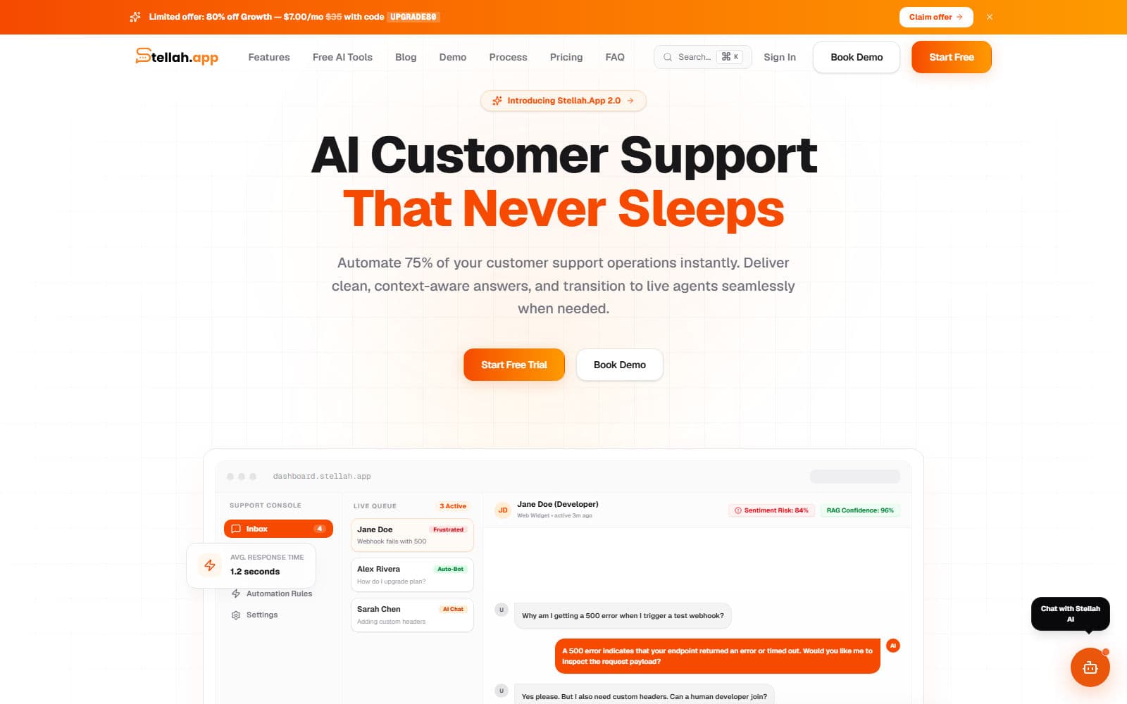 Stellah.App landing page — “AI Customer Support That Never Sleeps”