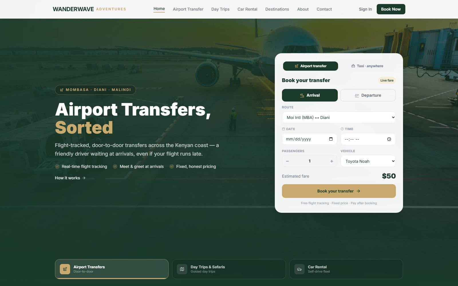 Wanderwave Adventures landing page — Kenyan coast airport transfers