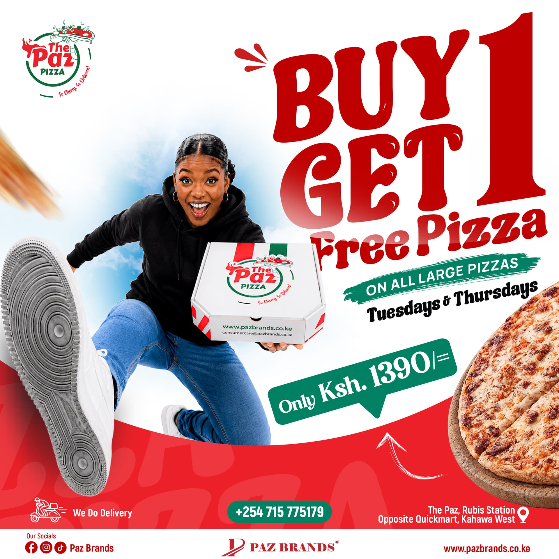 Buy one get one free social post for The Paz Pizza — a customer mid-leap holding a pizza box, large pizzas at Ksh 1,390 on Tuesdays and Thursdays.