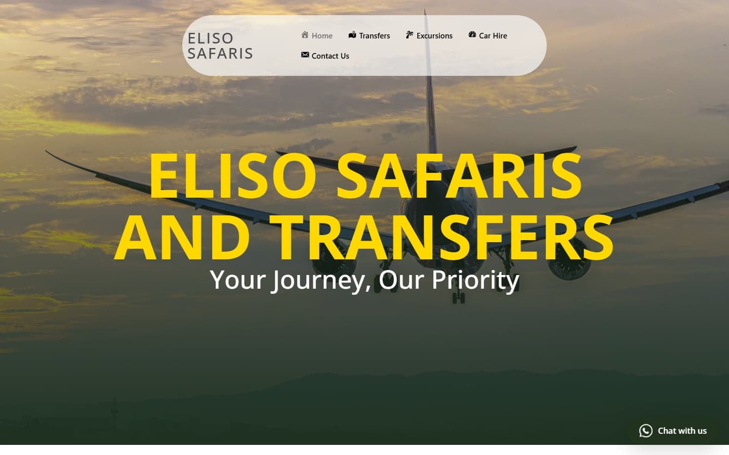 Screenshot of the Eliso Safaris and Transfers home page — “Your Journey, Our Priority” over a sunset arrival