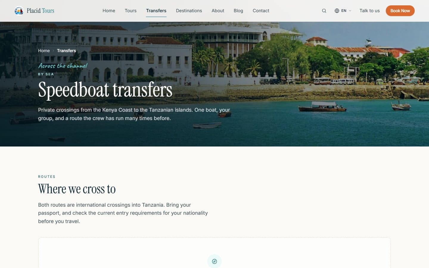 The speedboat transfers page — Mombasa to Zanzibar and Pemba Island