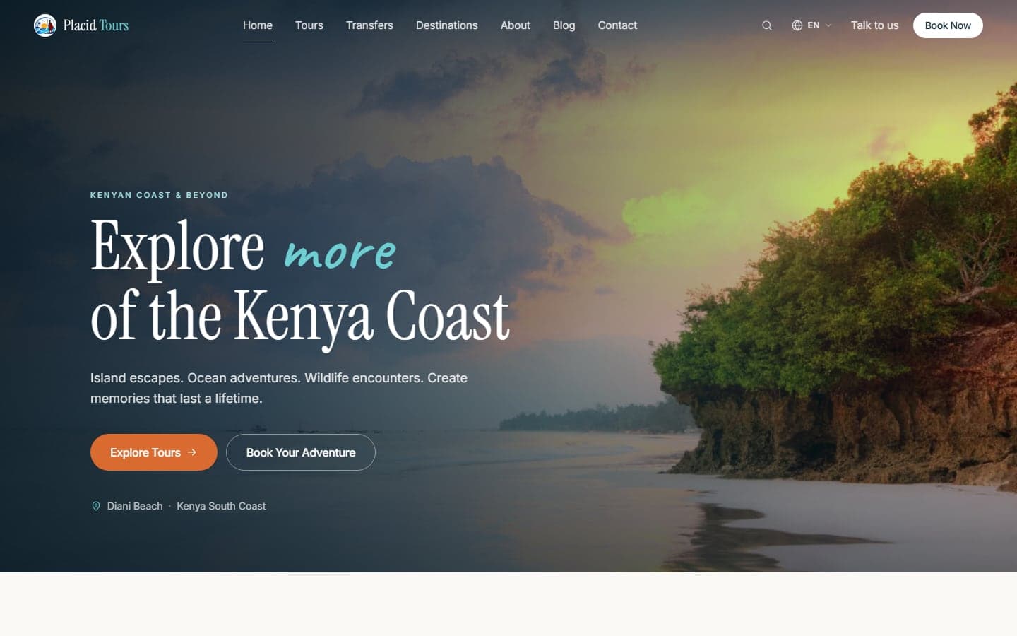 Placid Tours home page — “Explore more of the Kenya Coast” over a south coast shoreline at dusk
