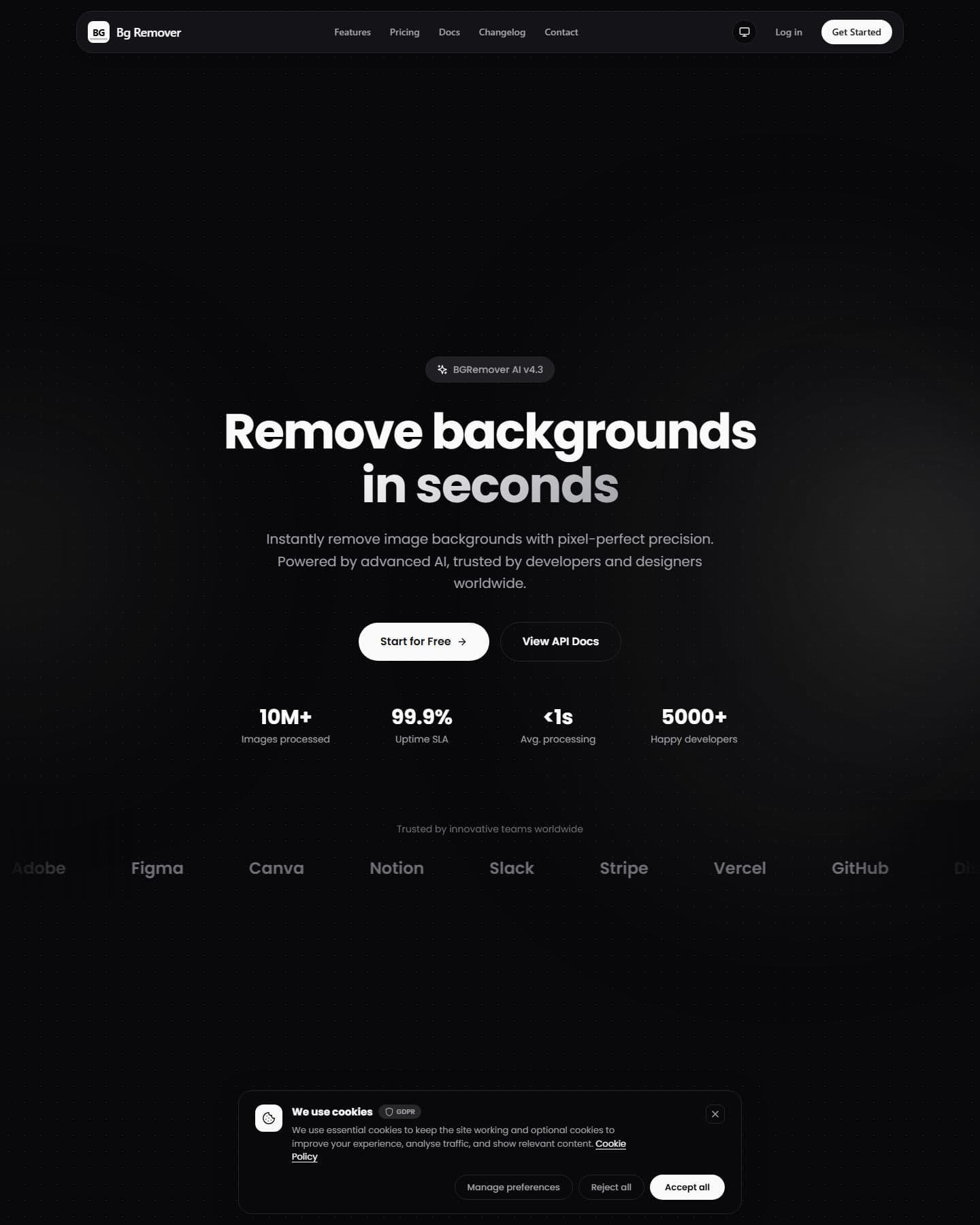 BGRemover.dev home page showing the AI background removal tool