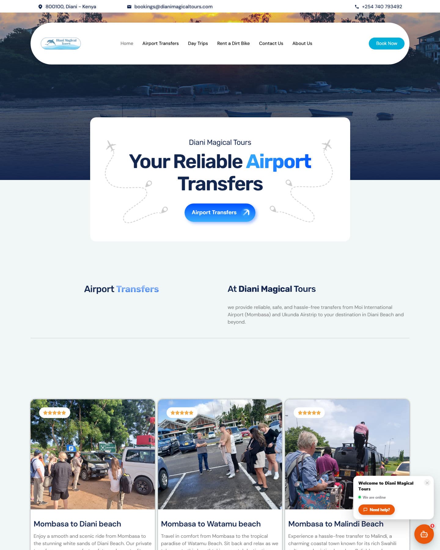 Diani Magical Tours home page showing airport transfer routes and fixed prices