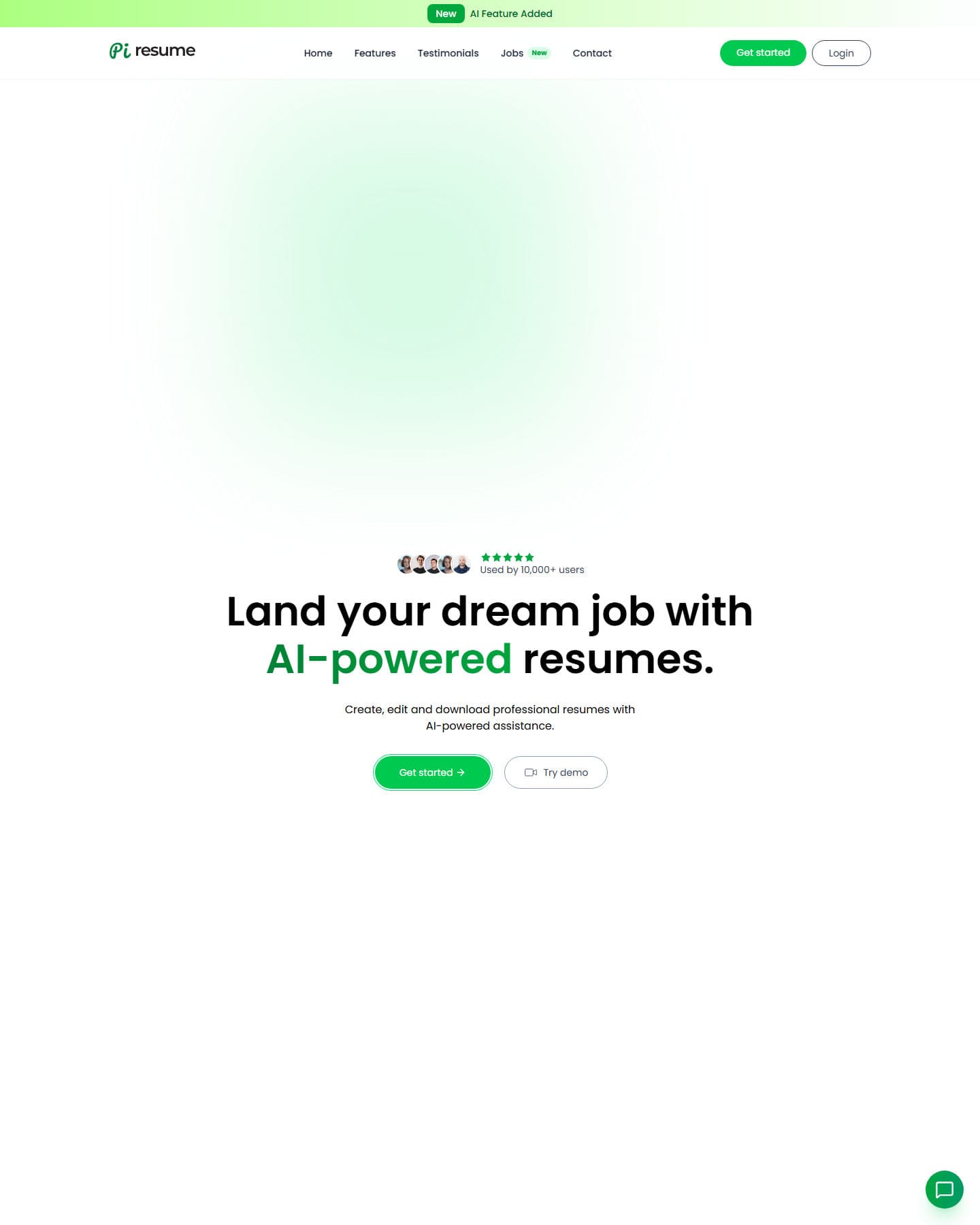 Pi Resume home page showing the AI-powered resume builder