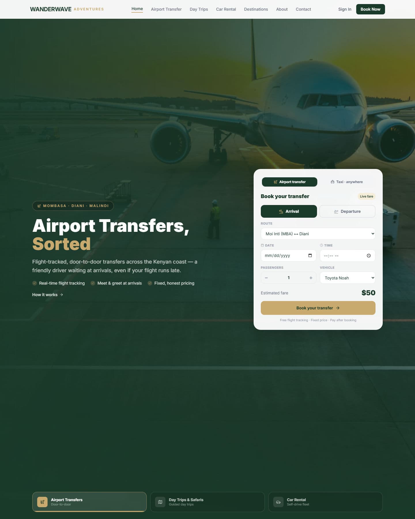 Wanderwave Adventures home page showing Kenyan coast airport transfers